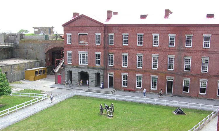 Red building inside Fort Delaware