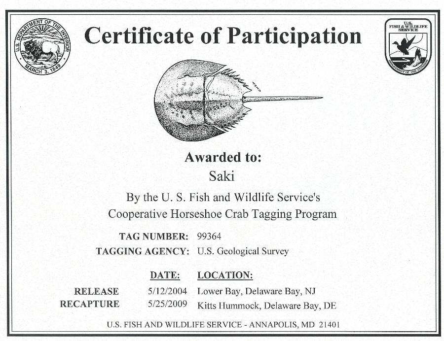 Certificate of Partication for reporting horseshoe crab 099364