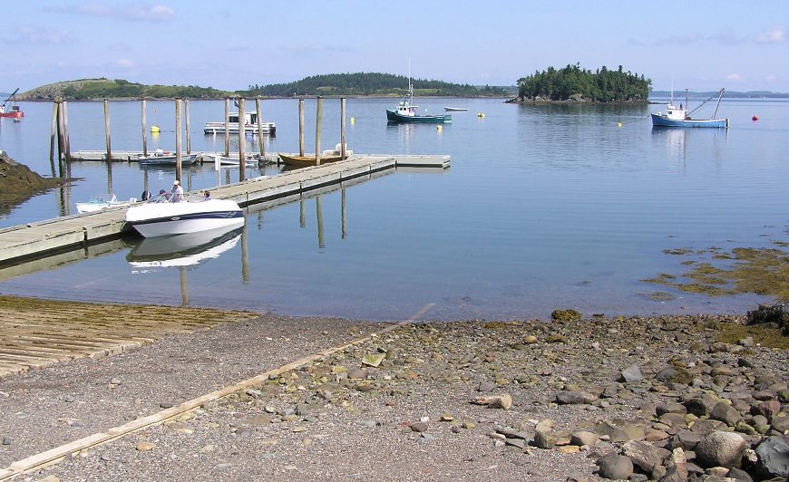 Boat ramp, pier, boats, and island