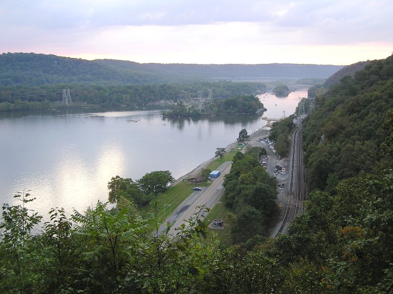 View from Wisslers Run, looking down on the Susquehanna River, a road, and a train track