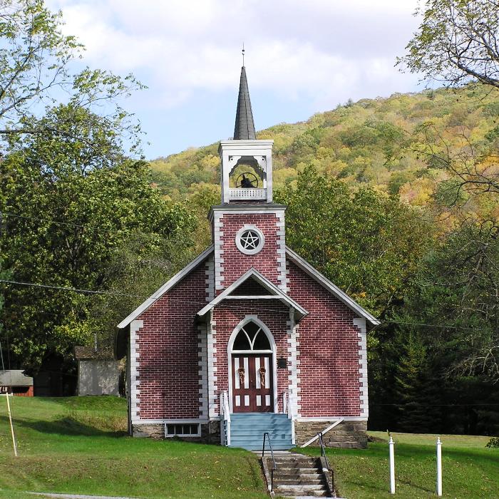 Brick church with a pentagram window