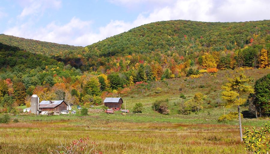 Barn, field, and tree-covered hills