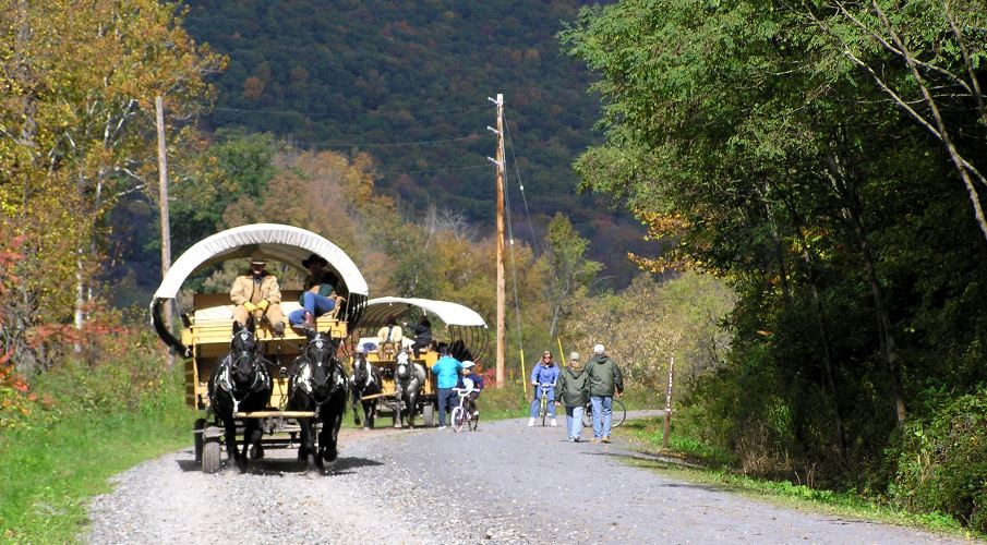 Horse-drawn covered wagons on trail