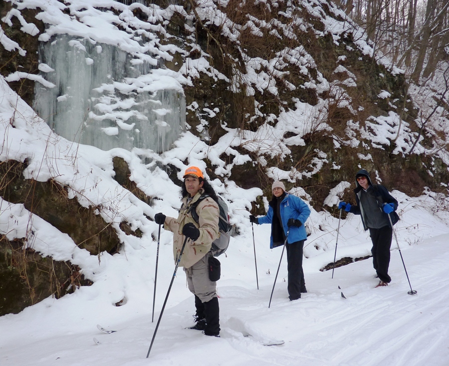 Carmen, Clark, and I in front of frozen waterfall