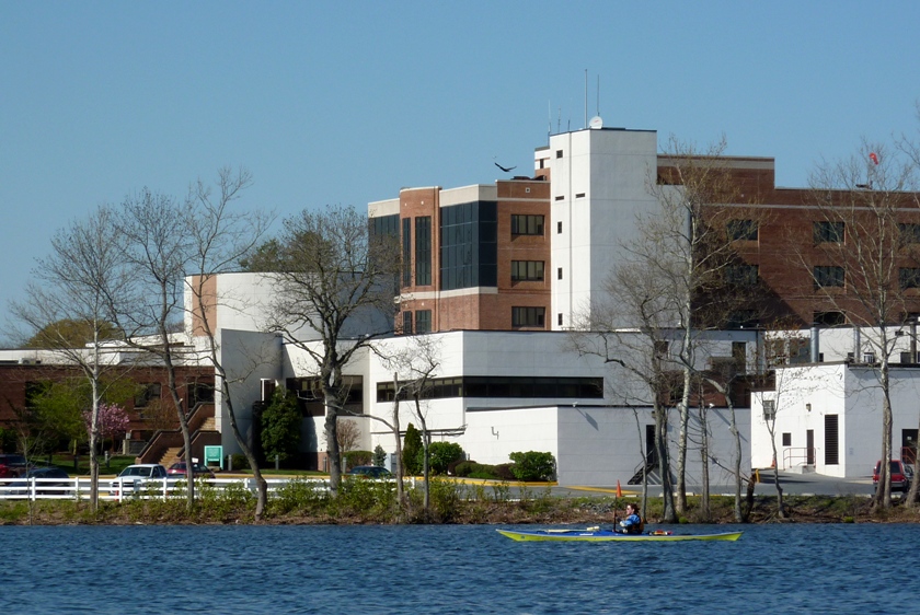 Suzanne kayaking with hospital in the background