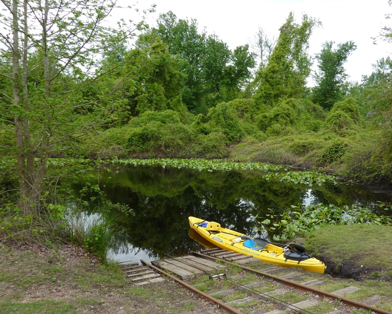 Tandem kayak on shore at gaging station