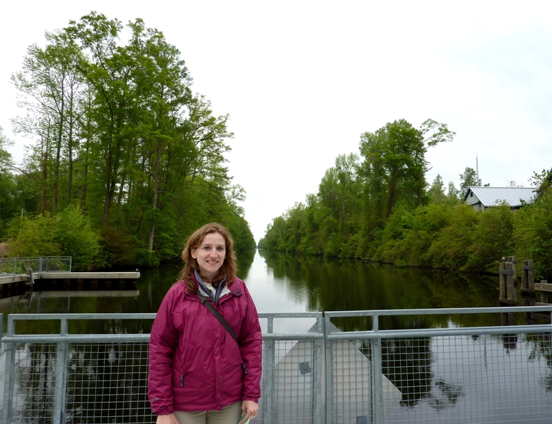 Norma on the bridge with the Dismal Swamp Canal in the background