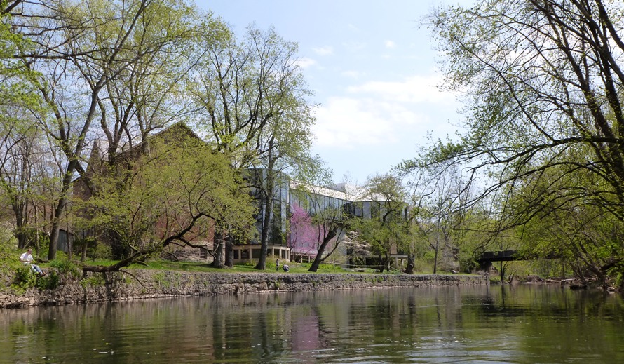 Brandywine Museum of Art with person fishing from shore