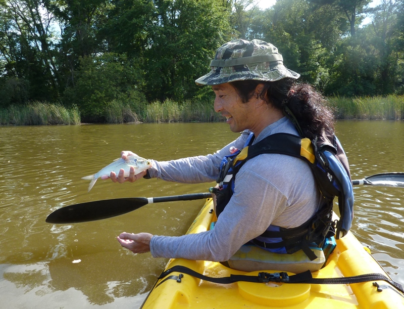 Me in kayak holding menhaden fish