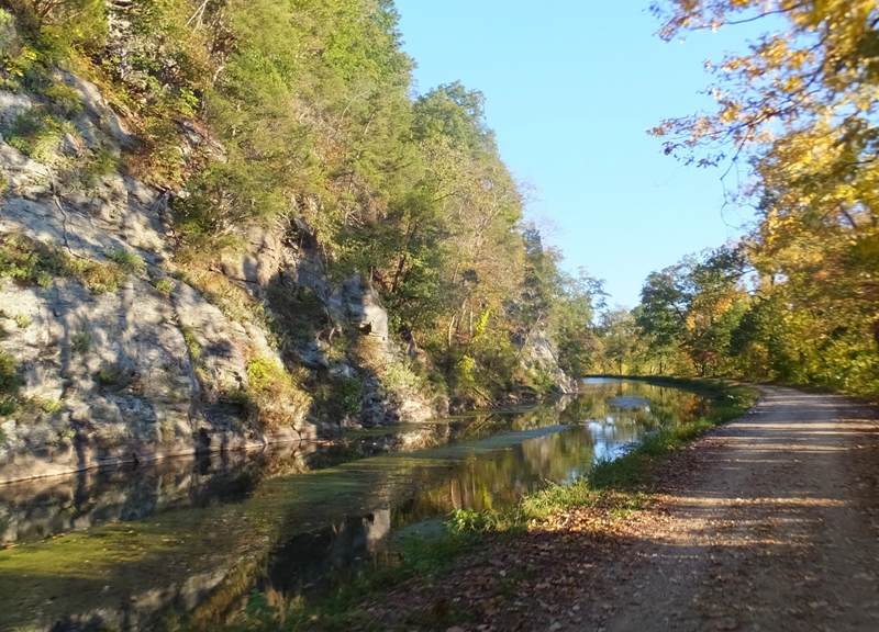 Fall colors, stone cliff, canal, and towpath