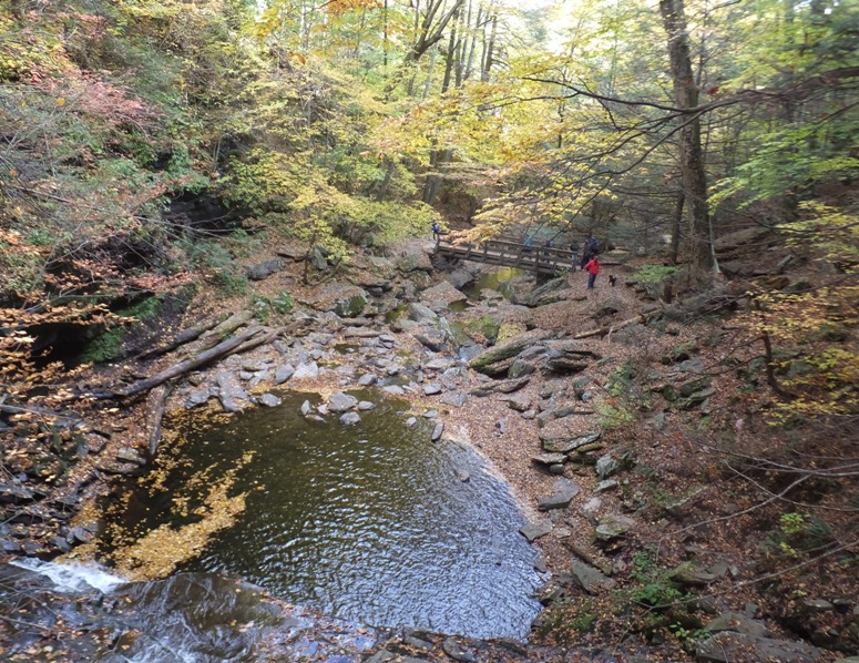 View looking down from the top at pool of water and wooden bridge