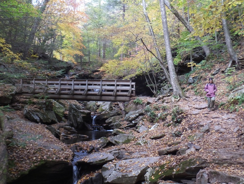 Norma walking on trail with wood pedestrian bridge on left over rocky waterway