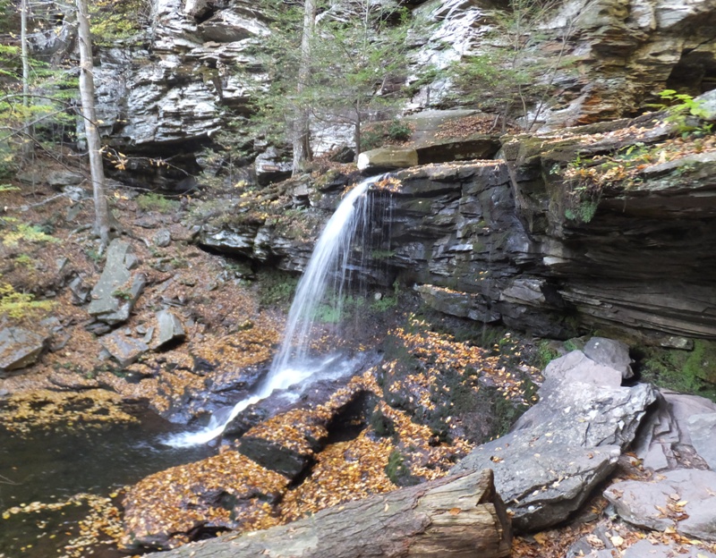 View of waterfall with lots of autumn colors at the bottom