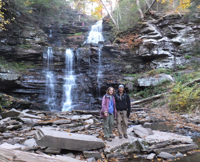 Norma and me at the mighty falls, standing on a pile of rocky rubble