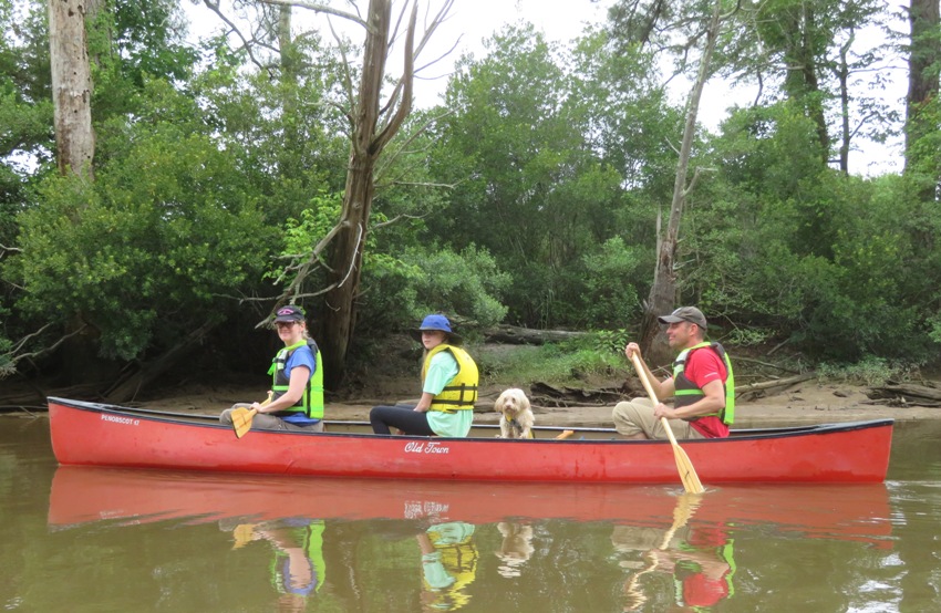 Side view of family in canoe