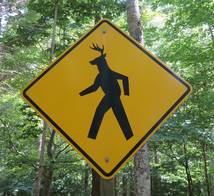 Road sign picturing half-man/half-deer figure