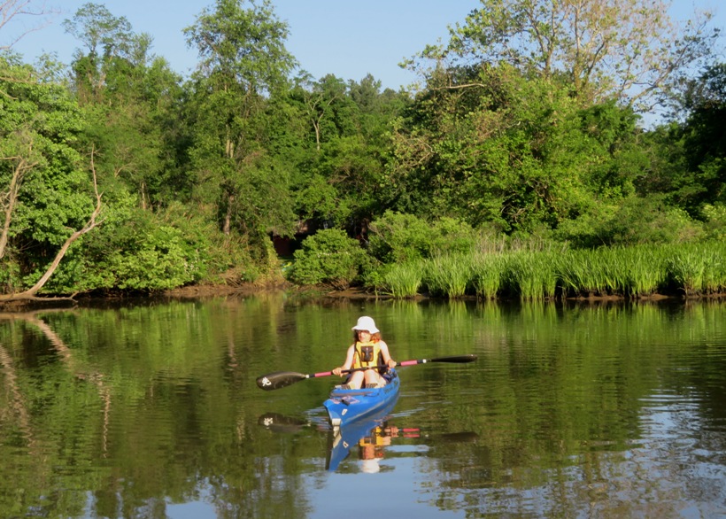 Norma on kayak, upstream on the creek