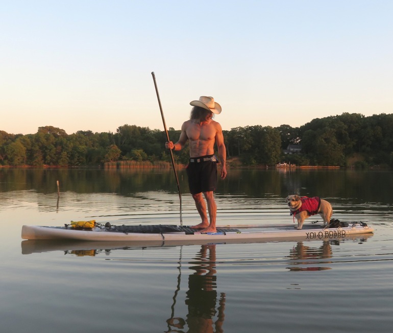 Daphne and me on SUP with Daphne looking tired