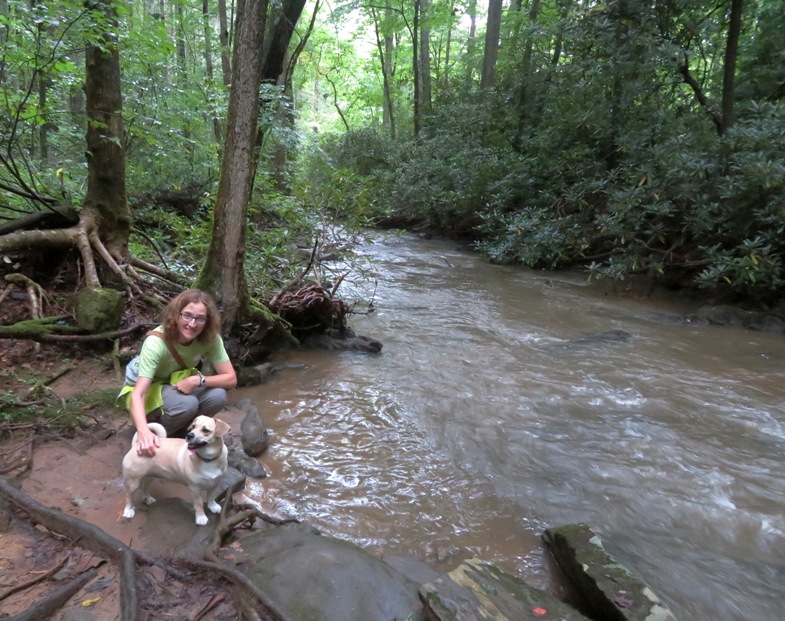 Norma and Daphne by a creek