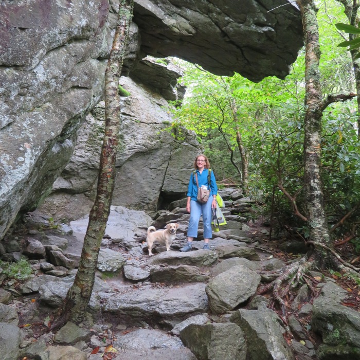 Norma and Daphne on rock stairs.