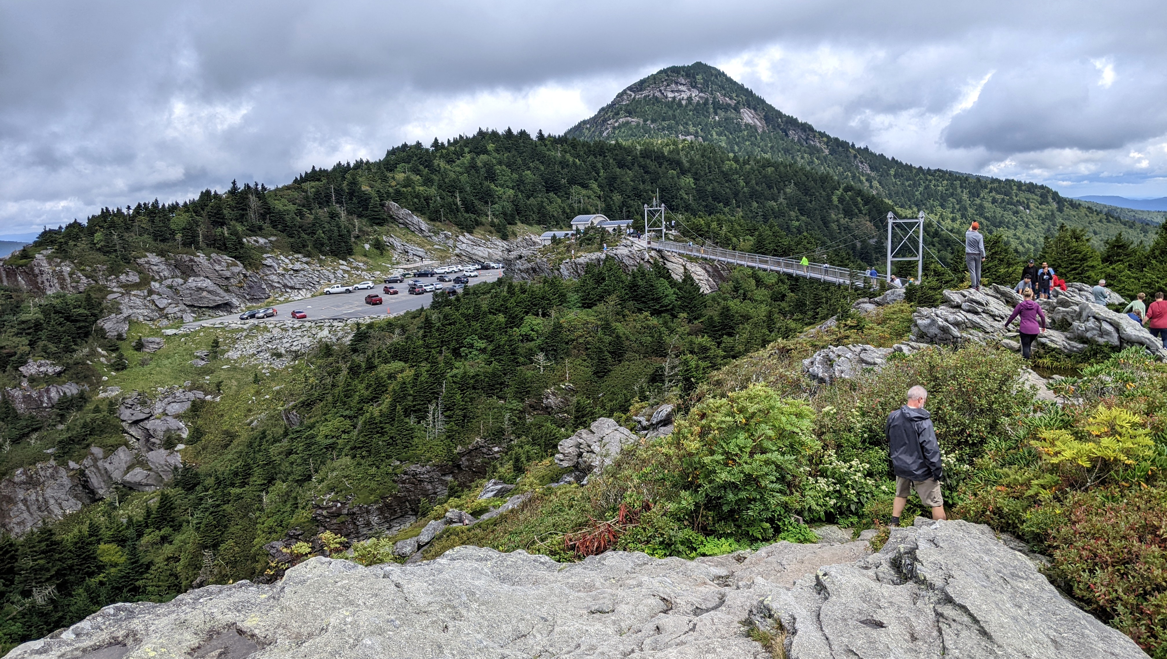 Looking down on the Mile High Swinging Bridge from rock formation at Grandfather Mountain