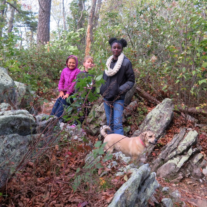 Nieces and Daphne at a rocky area