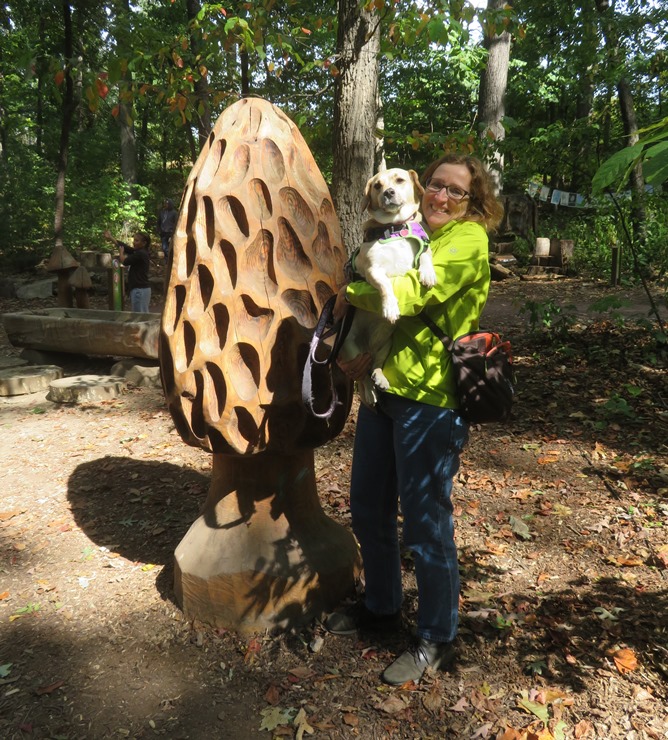 Norma and Daphne with a six foot tall wooden morel mushroom