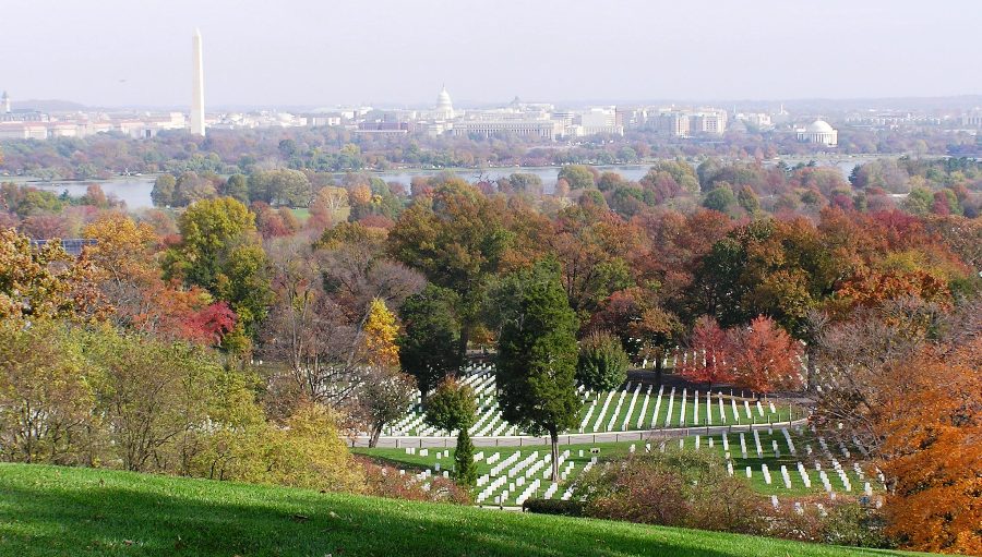 Colorful foliage at Arlington with Washington, D.C. in the background