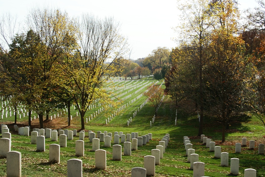 Looking down on tombstones and trees for as far as the eye can see