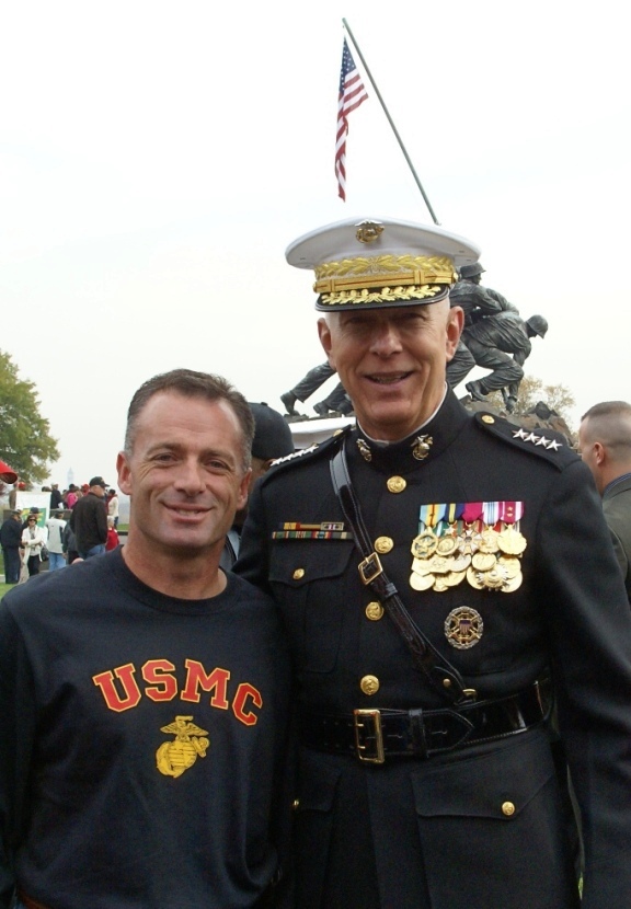 Mike and General Conway with the Marine Corps War Memorial behind