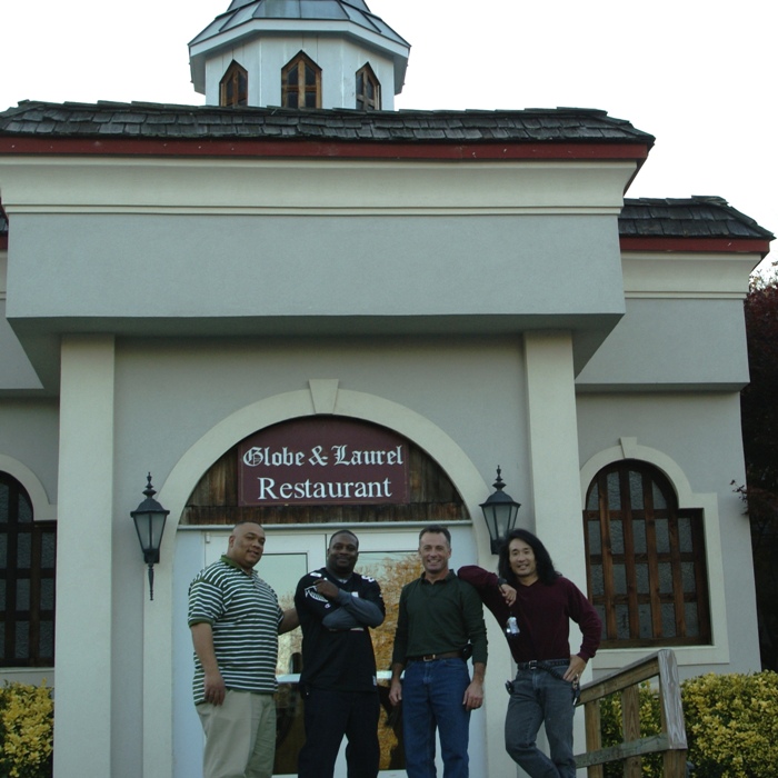 The four of us in front of the Globe and Laurel