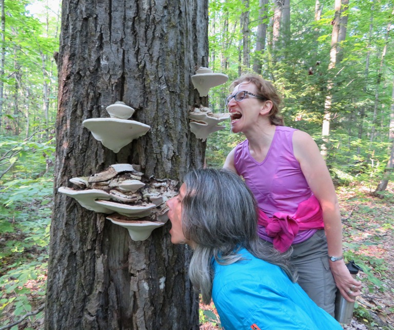 Norma and Carmen pretending to eat bracket fungi growing on a tree