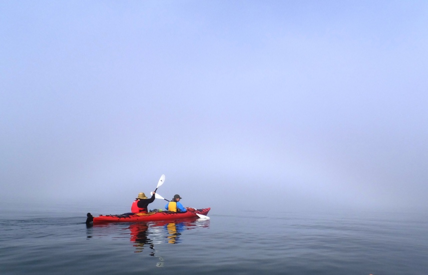 Steve and Carmen kayaking with fog bow in background