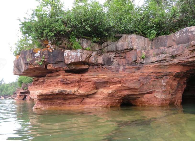 Bushes growing on red rock protruding from the water