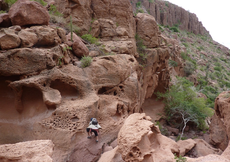 Francisco climbing up a porous rock formation