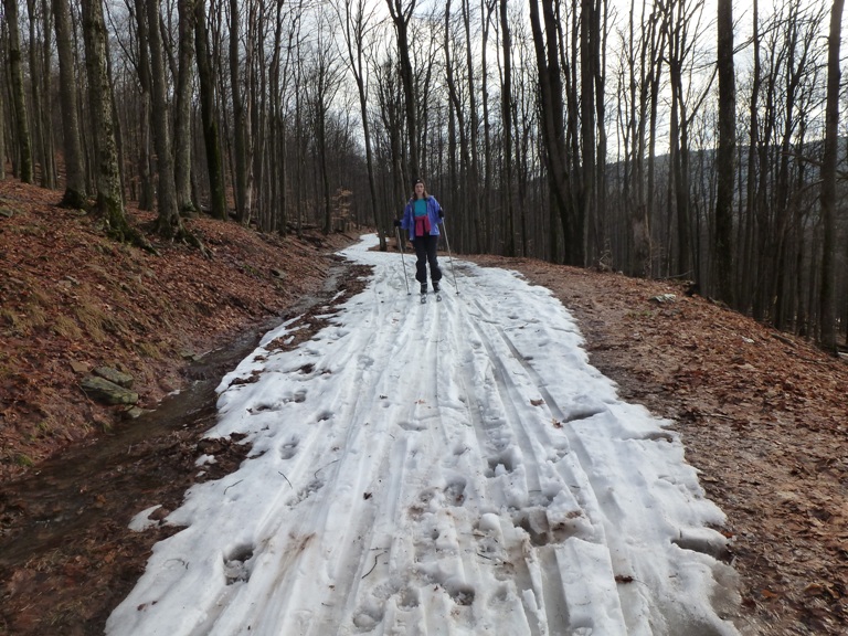 Norma wearing skis on trail with light snow