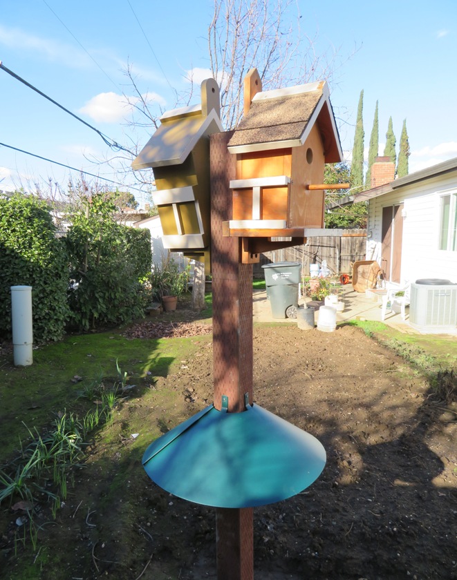 Two birdhouses mounted on a pole