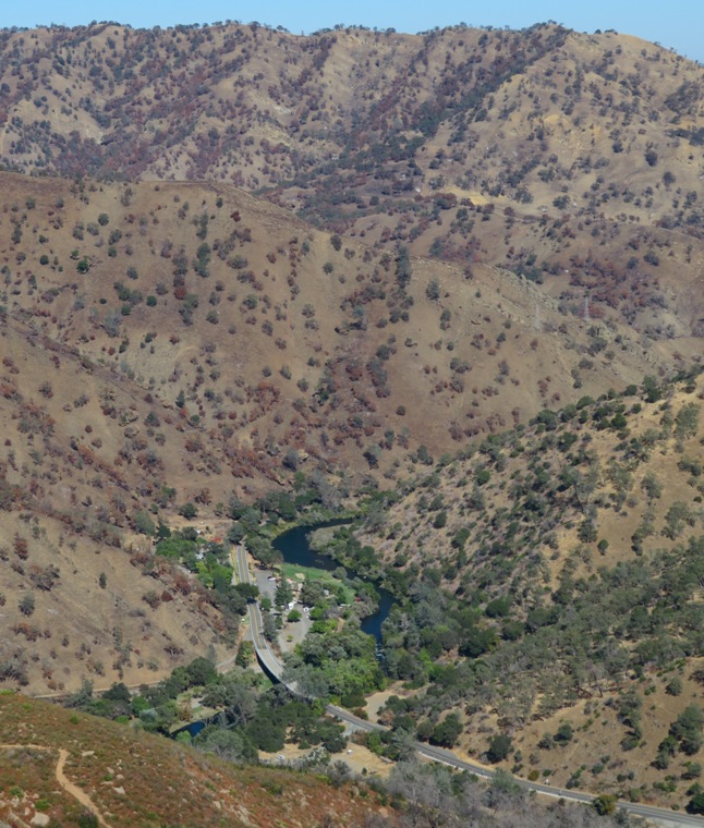 Looking down at the parking lot next to Putah Creek