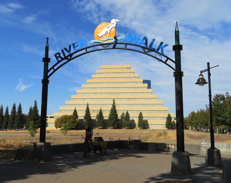 River Walk arch with pyramid behind