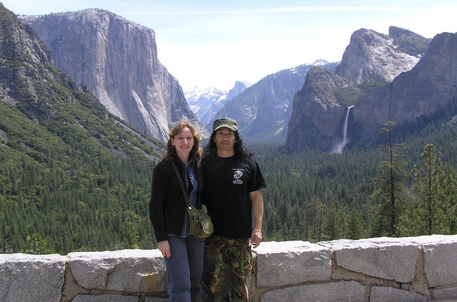 Norma and I in front of the Tunnel View which has famous rocks and Bridalveil Fall