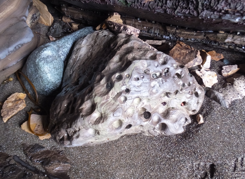 A dimpled rock on the cave