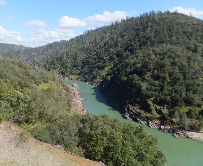 Another view of the river flowing through the tree-lined valley