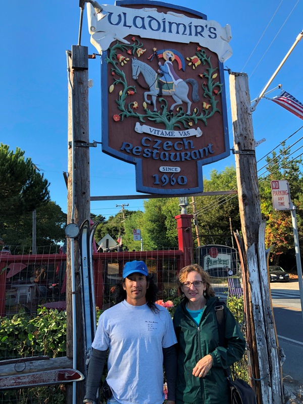 Norma and I in front of Vladimir's Czech Restaurant sign