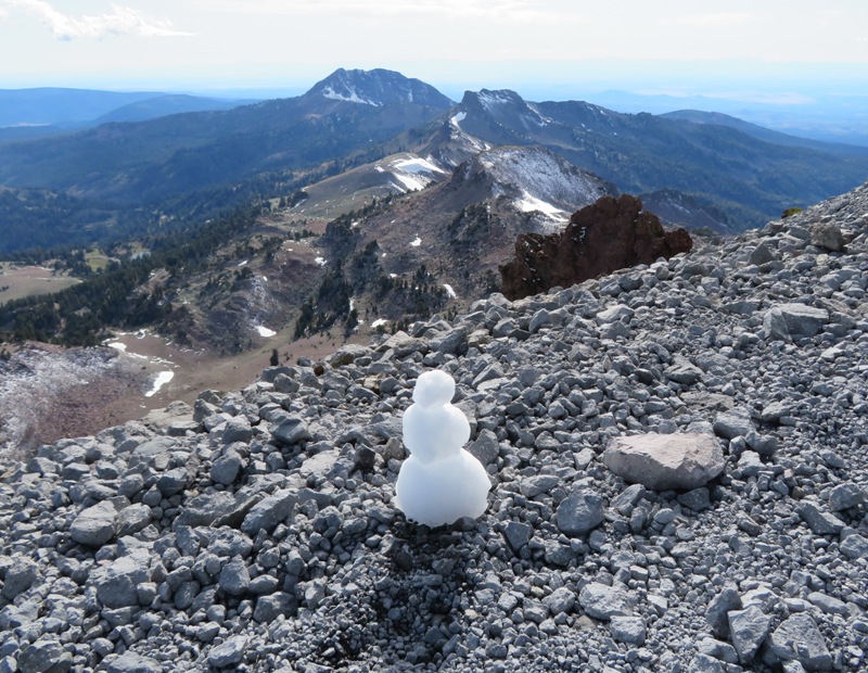 Mini-snowman with mountains in background