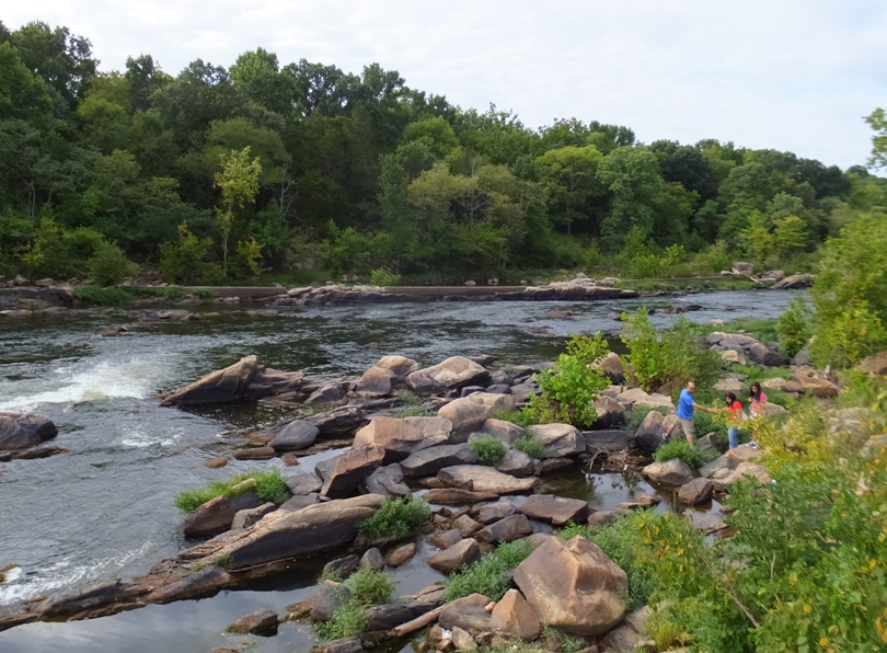 The Rappahannock River with people standing on the rocks