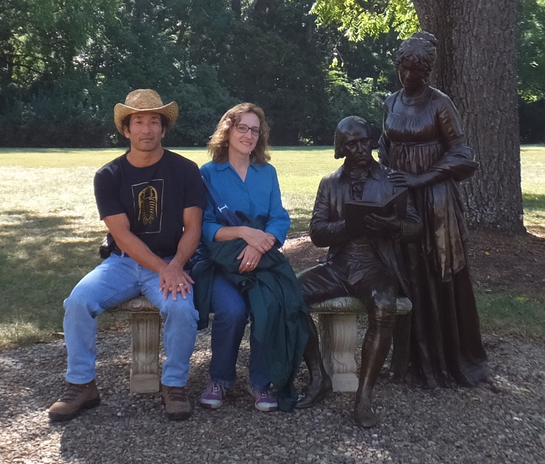 Norma and I seated next to statue of James and Dolley Madison