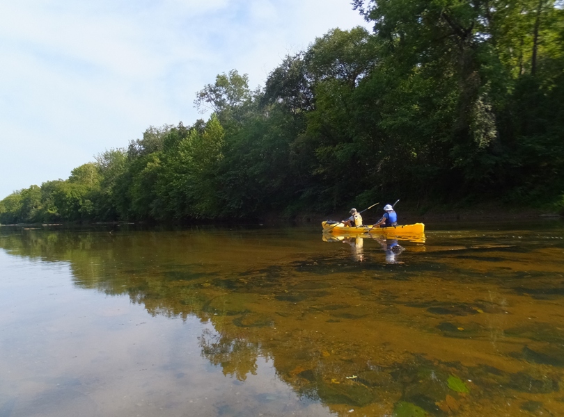 Norma and Janett kayaking on flat water