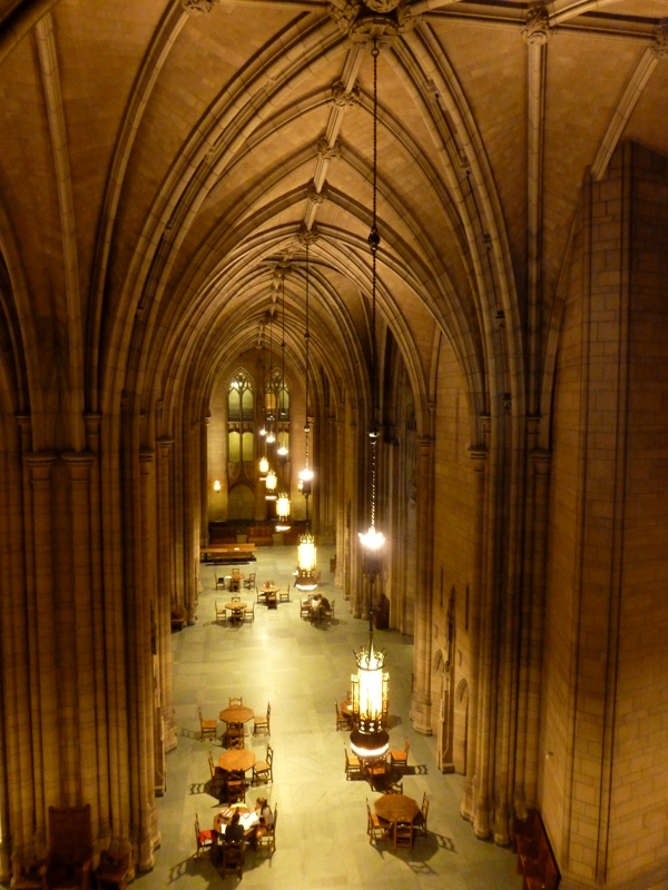 Hall in cathedral with high, arched ceilings