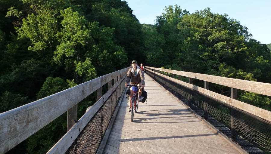 Carmen riding into Ohiopyle