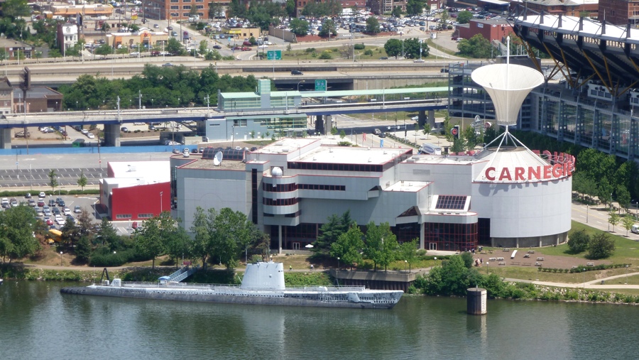 Submarine with Carnegie building behind